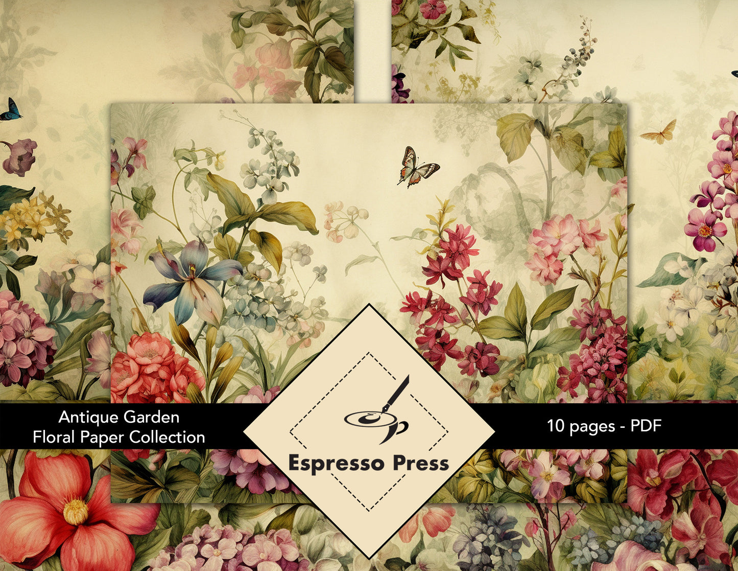 Antique Garden Floral Paper Collection - PDF only, Papers, Vintage, Flowers, Leaves, Multicolor, Papers, Crafts, Scrapbook, Junk Journal
