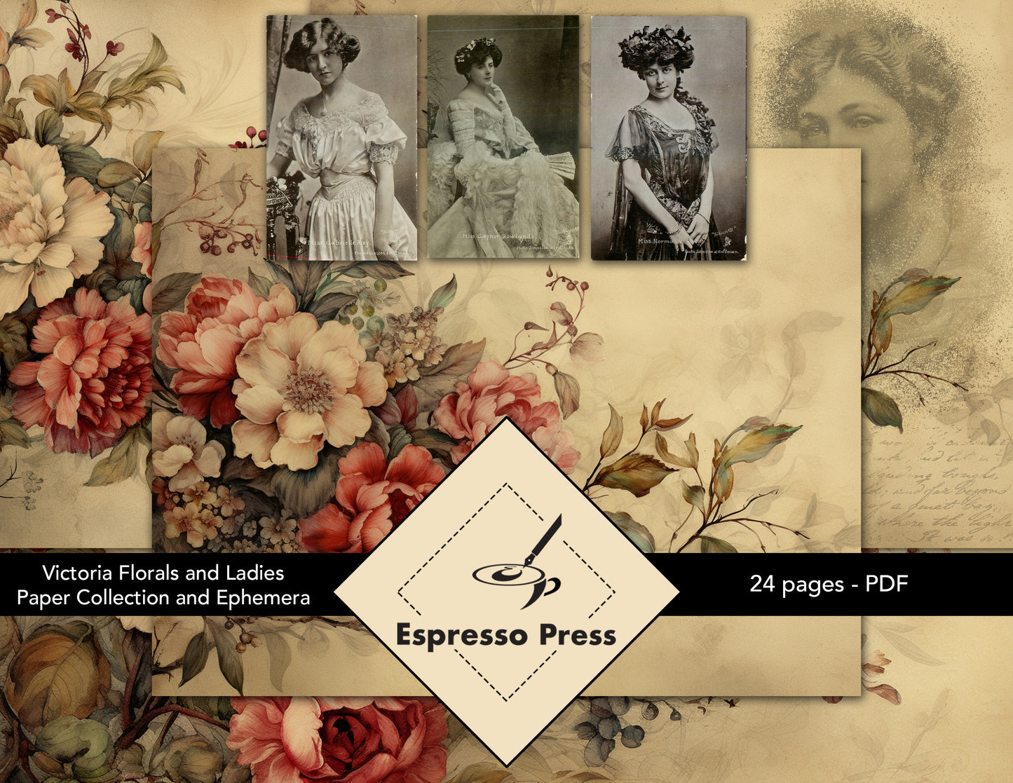 Victoria Florals and Ladies Paper Collection and Ephemera - PDF only, Papers, Vintage, Flowers, Leaves, Ladies, Victorian, Crafts, Scrapbook, Junk Journal