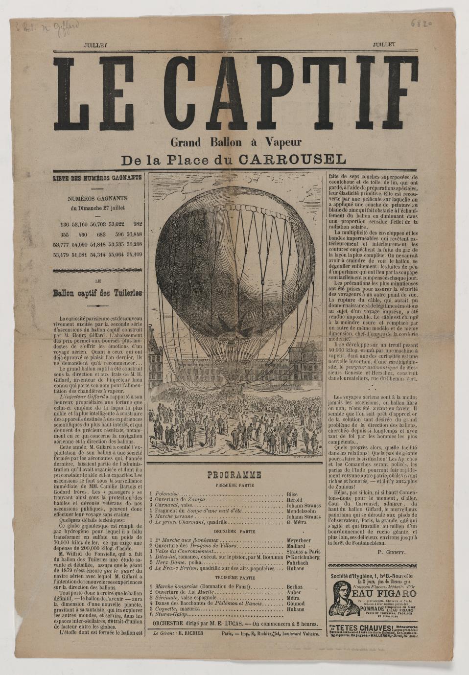 Aeronauts. Giffard, Henri. Captive Balloon Flights, Tickets, Publicity, Souvenirs, 1878