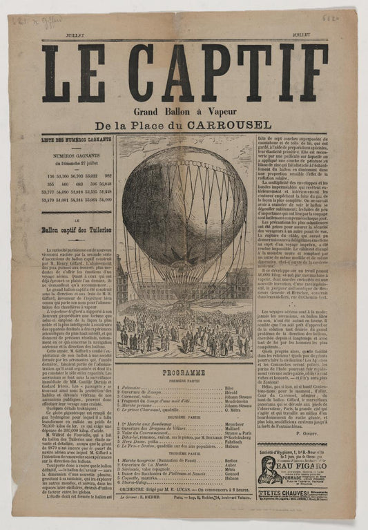 Aeronauts. Giffard, Henri. Captive Balloon Flights, Tickets, Publicity, Souvenirs, 1878
