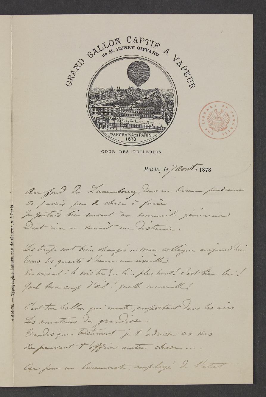 Aeronauts. Giffard, Henri. Captive Balloon Flights, Tickets, Publicity, Souvenirs, 1878