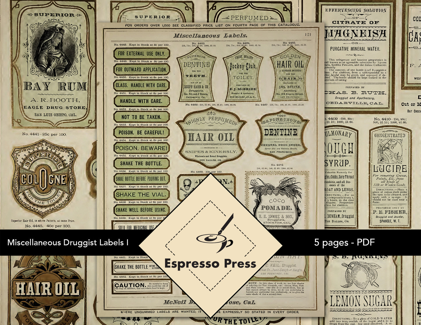 Miscellaneous Druggist Labels I - PDF only, Papers, Labels, Vintage 1885, Apothecary, Herbal, Papers, Crafts, Scrapbook, Junk Journal
