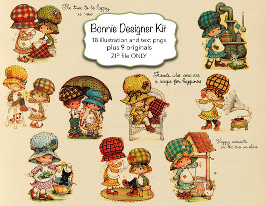 Bonnie Illustration Collection Digital Designer Kit - PNG, Full color, transparent black text and originals too! ZIP file only