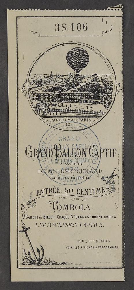 Aeronauts. Giffard, Henri. Captive Balloon Flights, Tickets, Publicity, Souvenirs, 1878