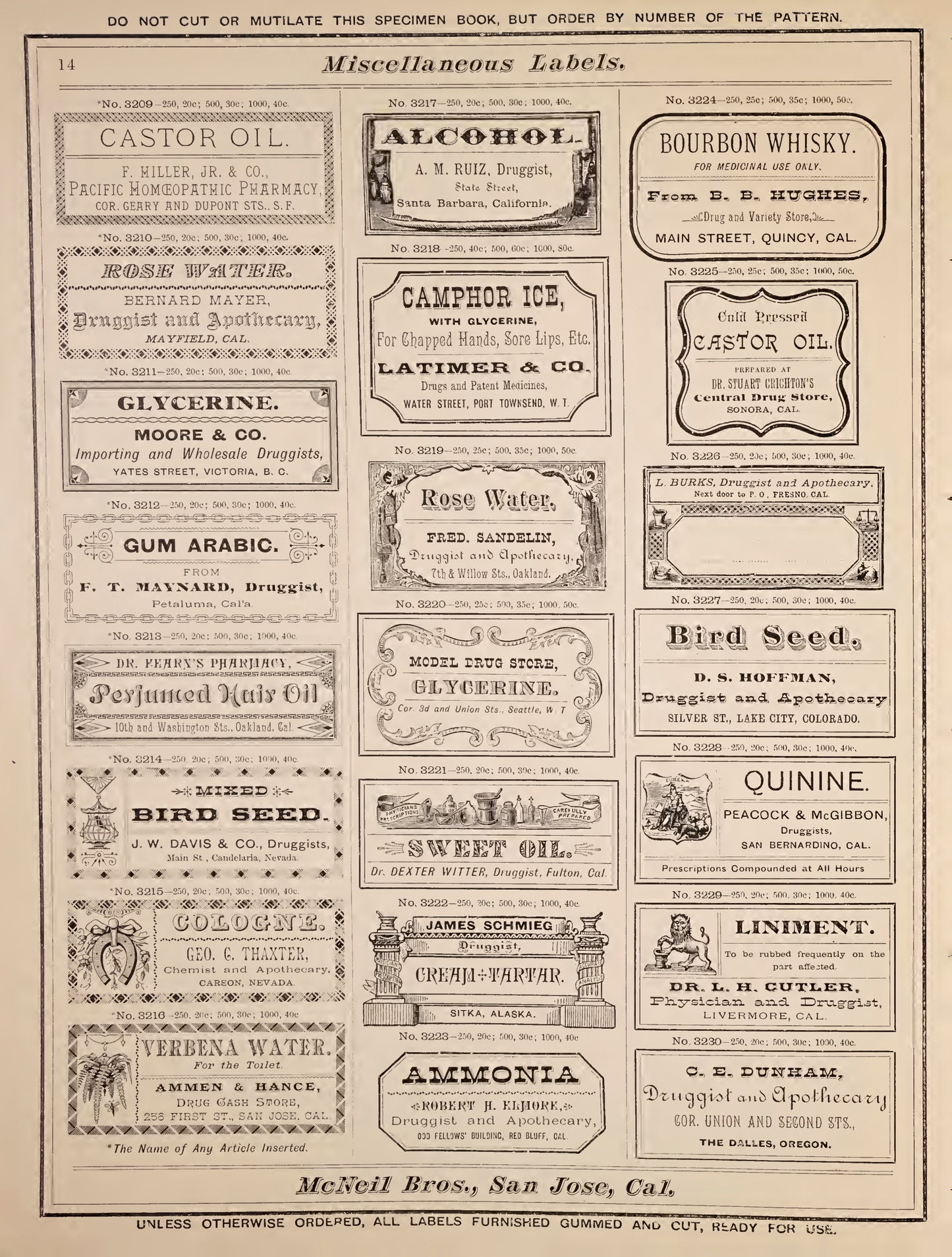 McNeil Bros. Specimens of Druggists' Labels 1885