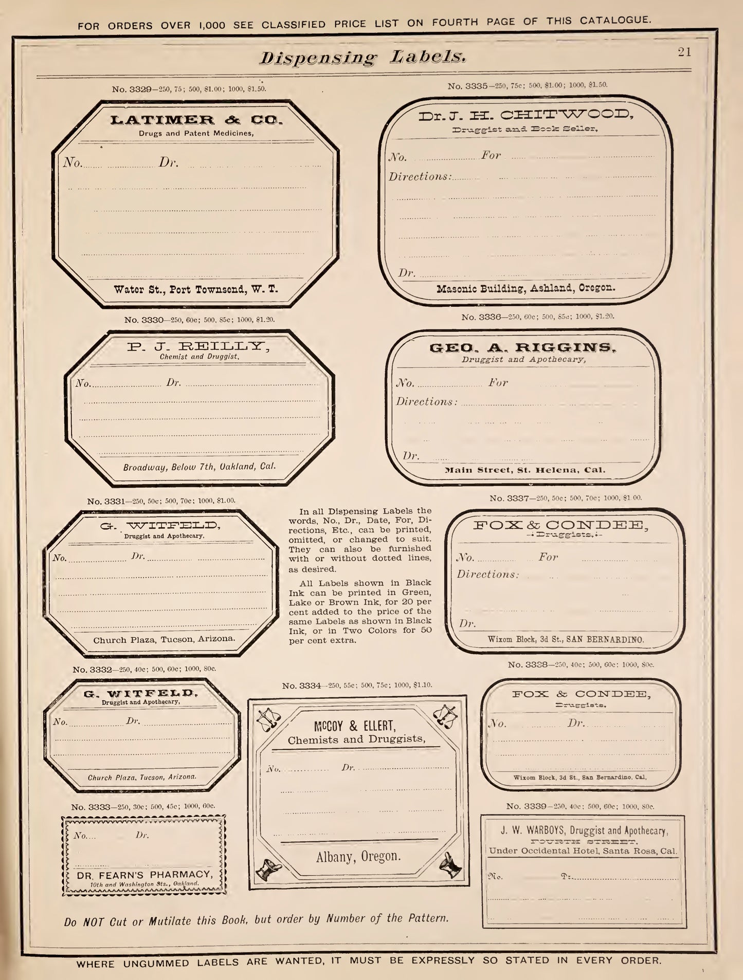 McNeil Bros. Specimens of Druggists' Labels 1885