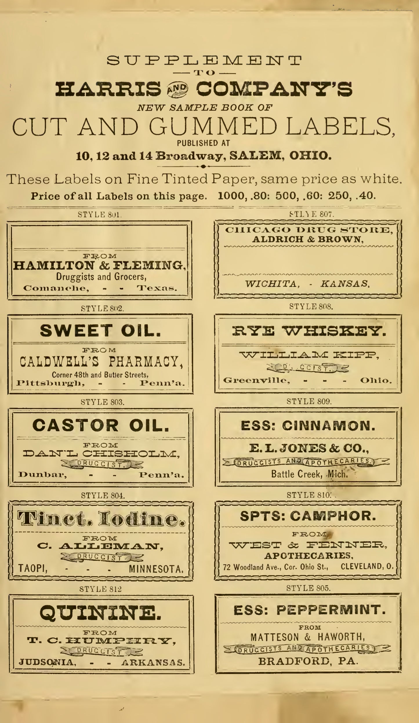 Harris & Co. New Sample Book Cut and Gummed Druggists' Labels 1874