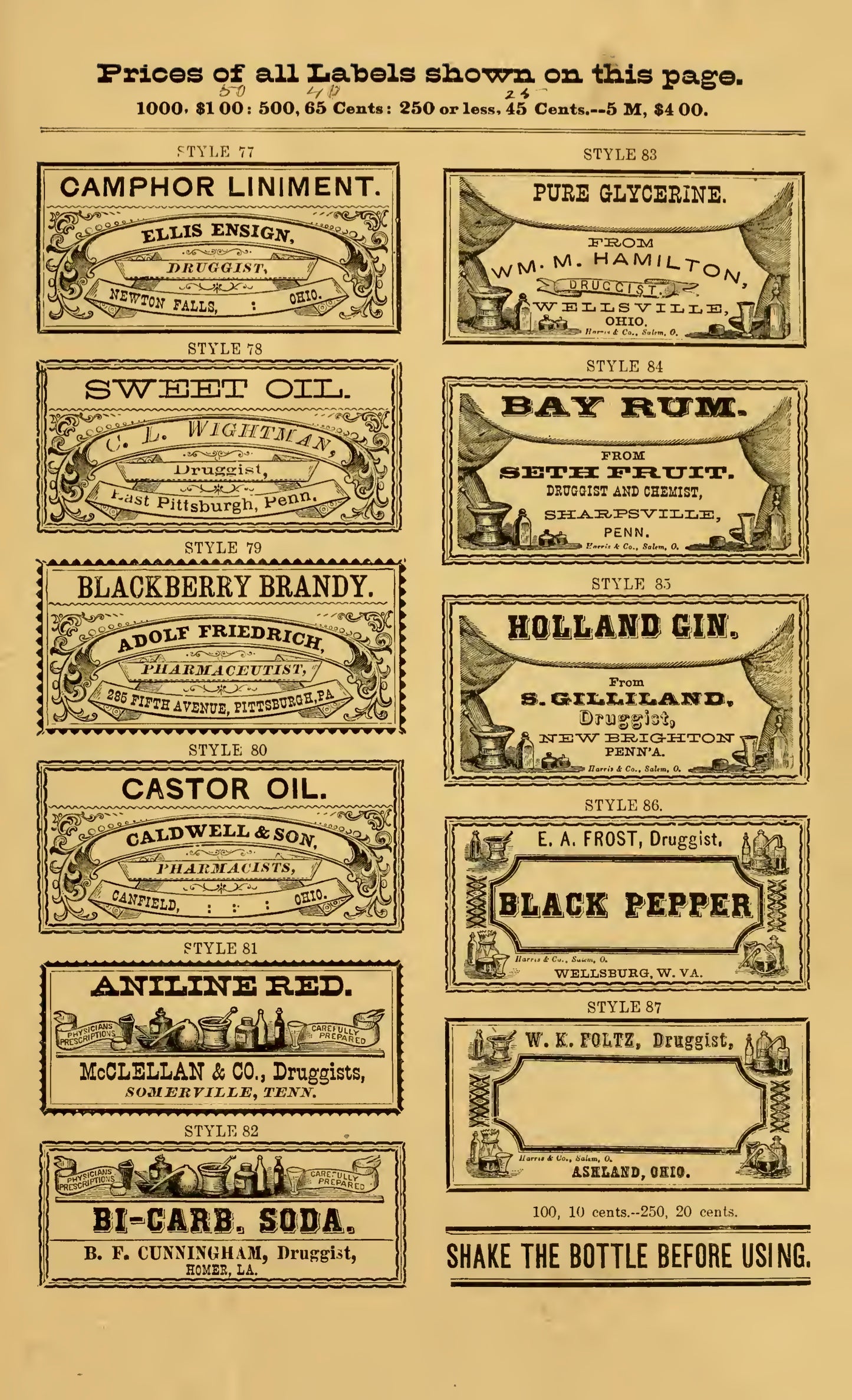 Harris & Co. New Sample Book Cut and Gummed Druggists' Labels 1874