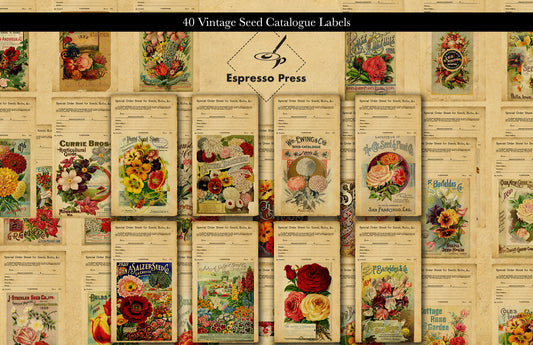 40 Vintage Seed Catalogue Labels, Flowers, Digital Labels Printables, Vintage, Labels, Papers For Crafts, Scrapbook, Junk Journal - PDF Only