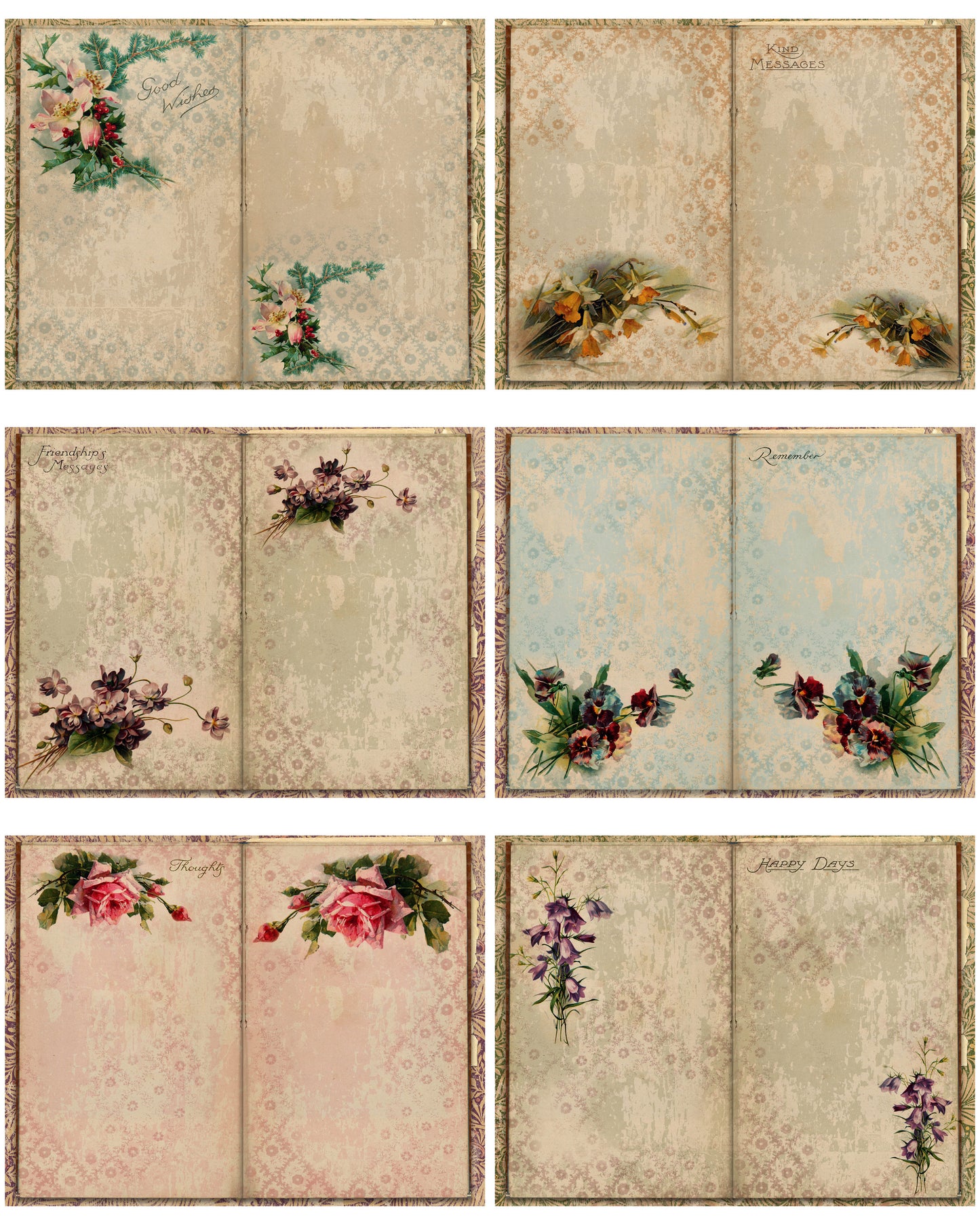 Floral Messages - 26 page Paper Collection - Papers, Printables, Flowers, Vintage, Papers For Crafts, Scrapbook, Junk Journal
