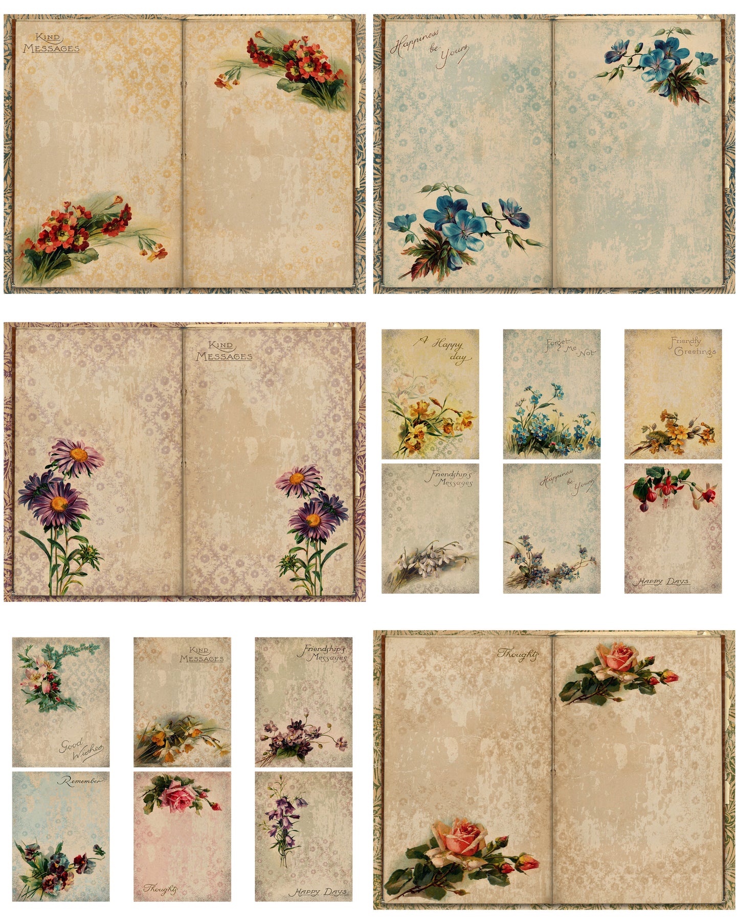 Floral Messages - 26 page Paper Collection - Papers, Printables, Flowers, Vintage, Papers For Crafts, Scrapbook, Junk Journal